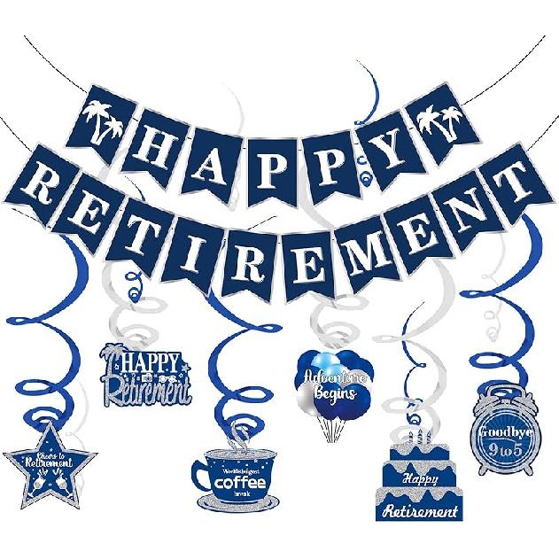 Happy Retirement Party Decorations - Retirement Banner Hanging Swirls Kit for Men Women (Blue)