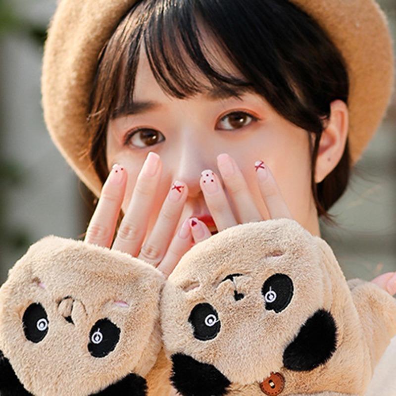 Милые зимние плюшевые утолщенные гибкие перчатки без пальцев, мех кролика, кошки, откидные перчатки, мягкие удобные сенсорные перчатки для холодной погоды