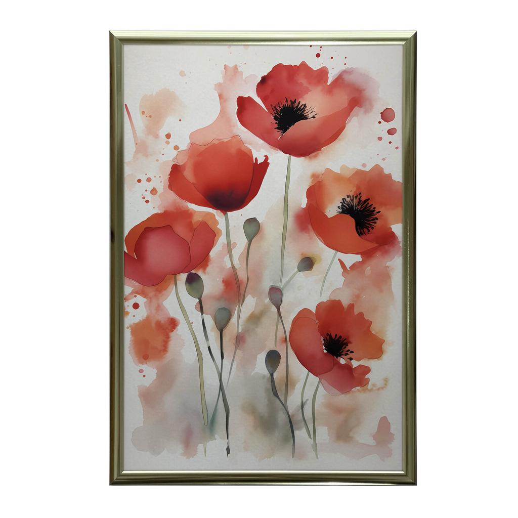 Red Poppies In Watercolor Red Poppies In Watercolor, 30X40 Cm, Gold Aluminum Frame, 230 Gsm Matte Paper