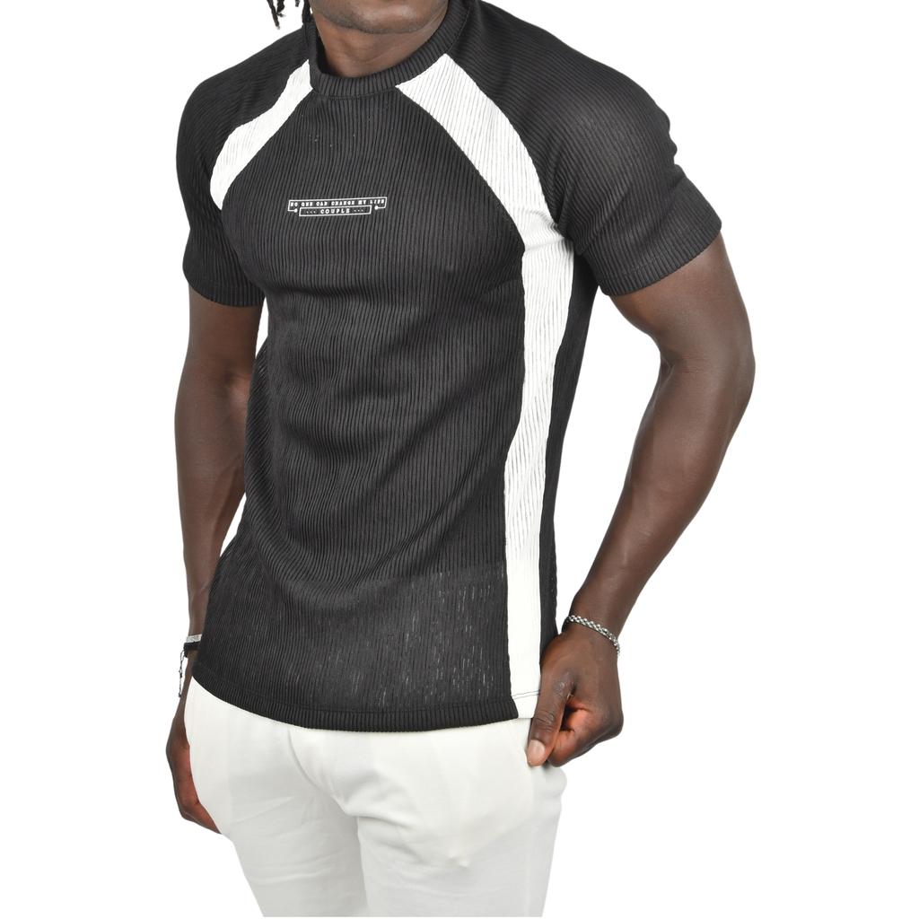 Облегающая футболка DeepSEA из лайкры в рубчик с боковыми полосками и надписью спереди 2403231