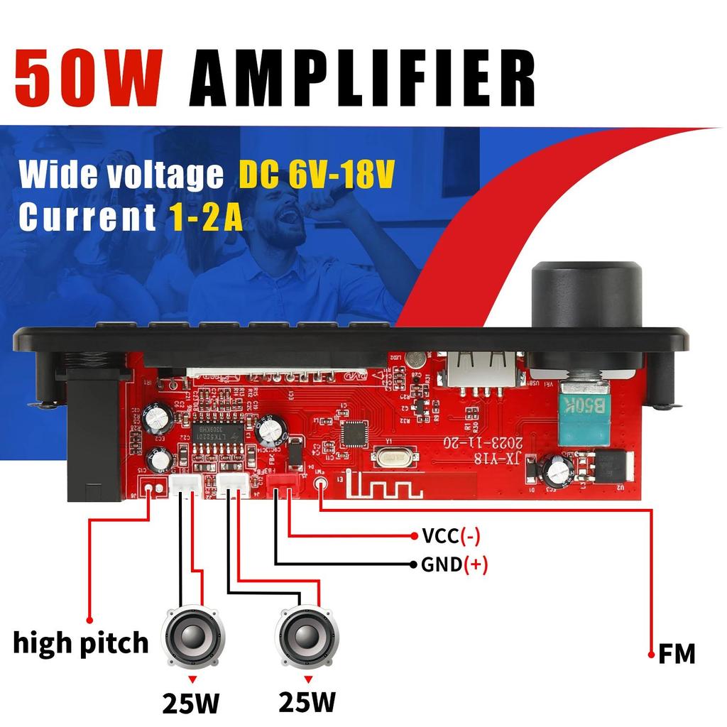 50 Вт DIY усилитель Bluetooth MP3 декодер плата DC 12 В беспроводной автомобильный аудио музыкальный плеер 6,5 мм микрофон TF USB FM-радио с микрофоном