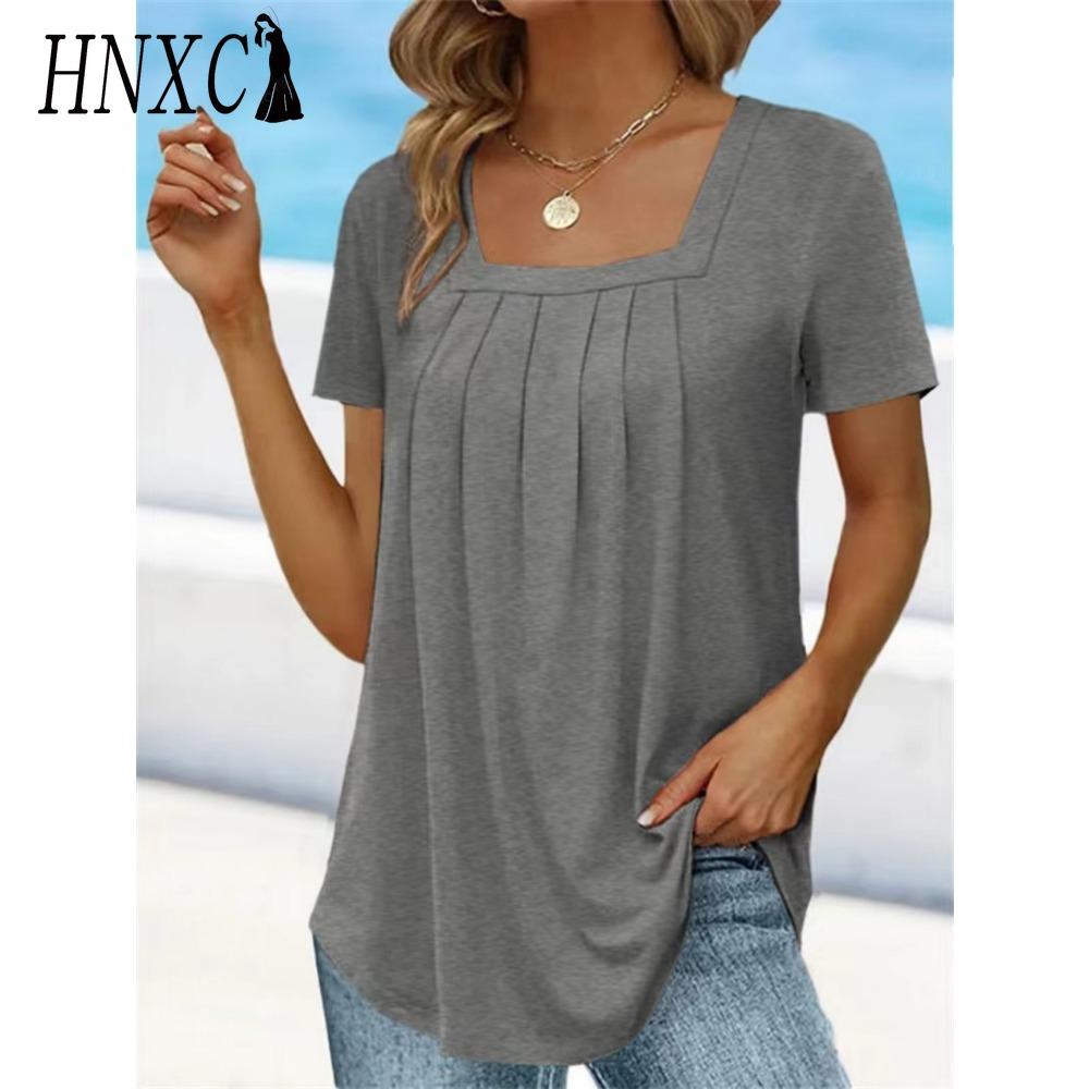 HNXC Женские модные повседневные однотонные блузки и рубашки с короткими рукавами и принтом