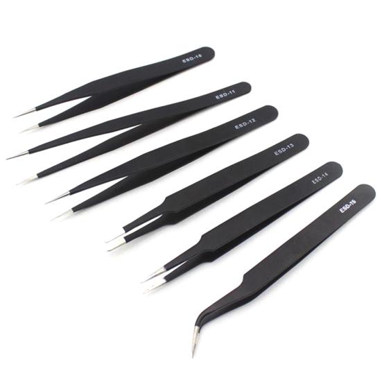 6Pcs ESD Stainless Steel Precision Anti-Static Tweezers Set Electronics