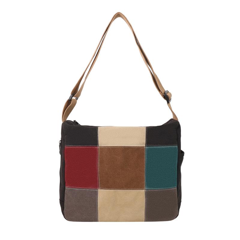 Spring popular contrasting color plaid large bag women's 2026 new fashion canvas bag personalized large-capacity messenger bag