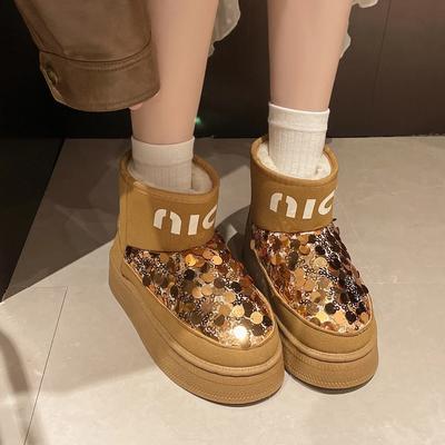 Модные женские сапоги для снега на толстой подошве с блестками, шерстяная подкладка, женские модные сапоги с низким каблуком и круглым носком, зимние новые стильные