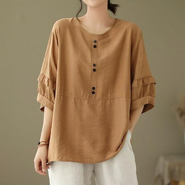 О-образный вырез три четверти хлопок лен удобный тонкий топ большой размер женская одежда летние свободные элегантные однотонные модные футболки