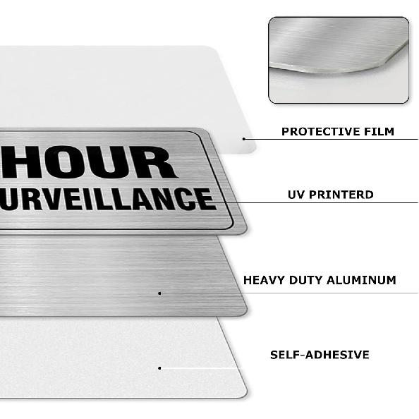 24 Hour Video Surveillance Sign Aluminum Silver 9 x 3 Inches Self-Adhesive Waterproof Metal Door Wall Sign for Business Restaurants 4 Pack
