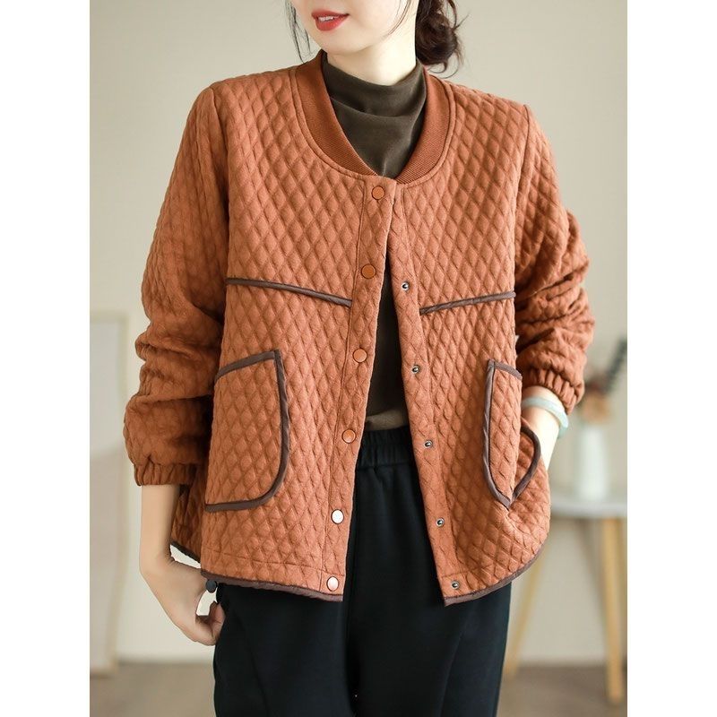 Women's Autumn Fashion Thin Cotton Jacket - Baseball Collar Jacket with Diamond Pattern
