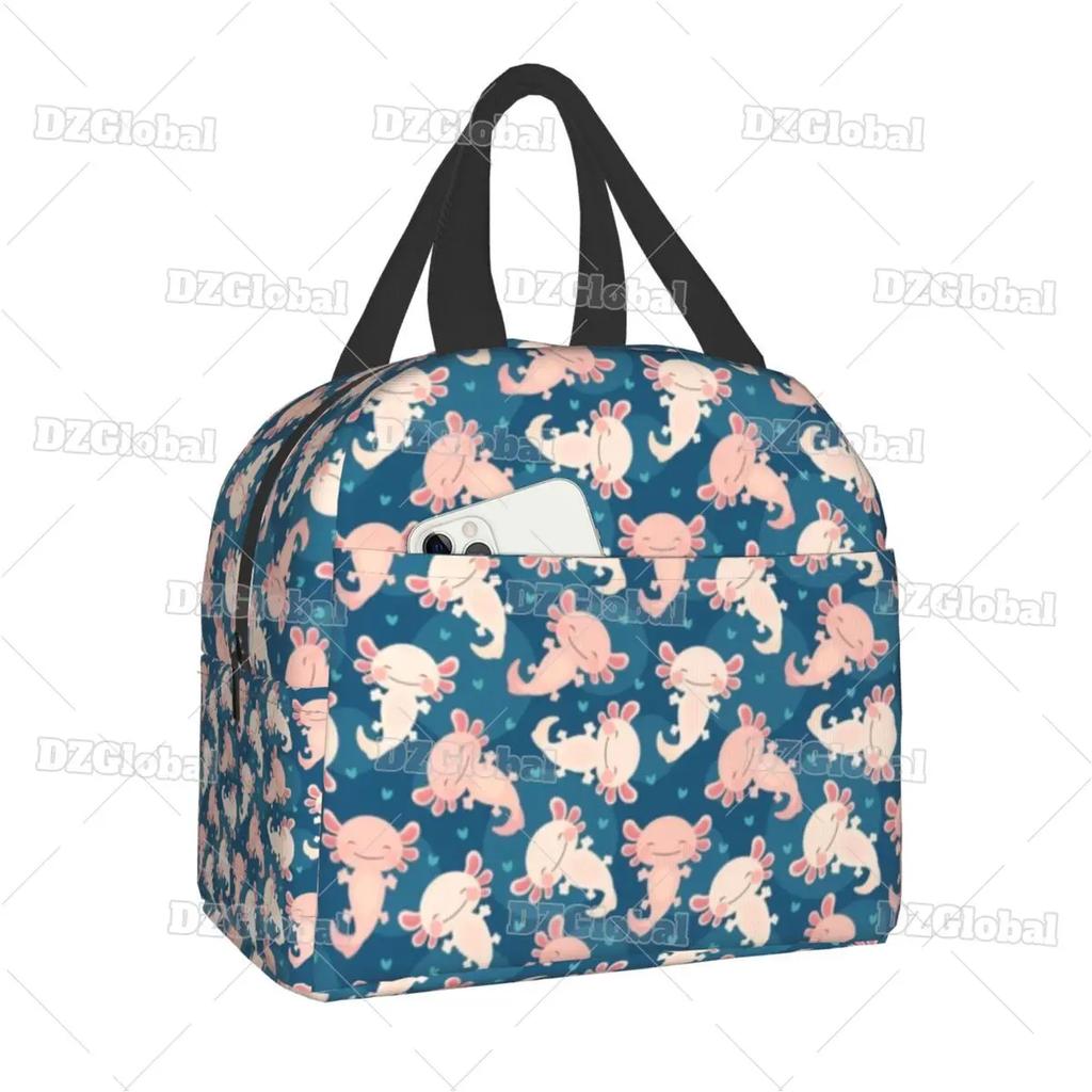 Милая сумка для ланча с аксолотлем, с термоизоляцией, для школы, офиса, с мультяшной саламандрой, животным, портативная, термокулер, для бенто-бокса, для женщин, детей