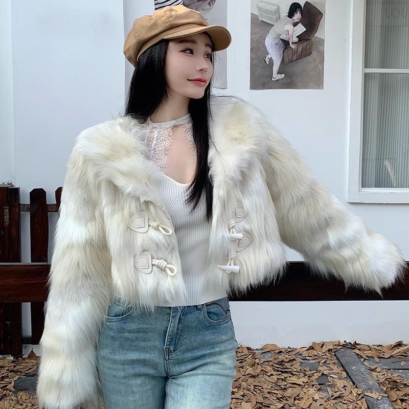 Autumn Winter Y2K Faux Fur Short Coat for Women Turn-down Collar Fur Outerwear Ladies Casual Slim Long Sleeve Jacket