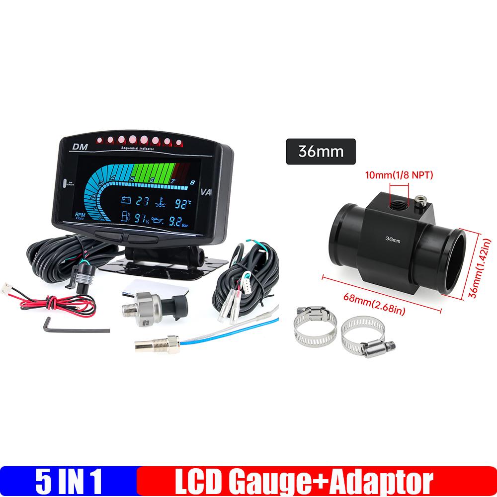 8000RPM Tachometer+ Fuel Level+Oil Press+Voltmeter+Water Temperature Gauge with Aaptor Sensor 26mm-40mm 5 IN 1 LCD Gauge 12V24V