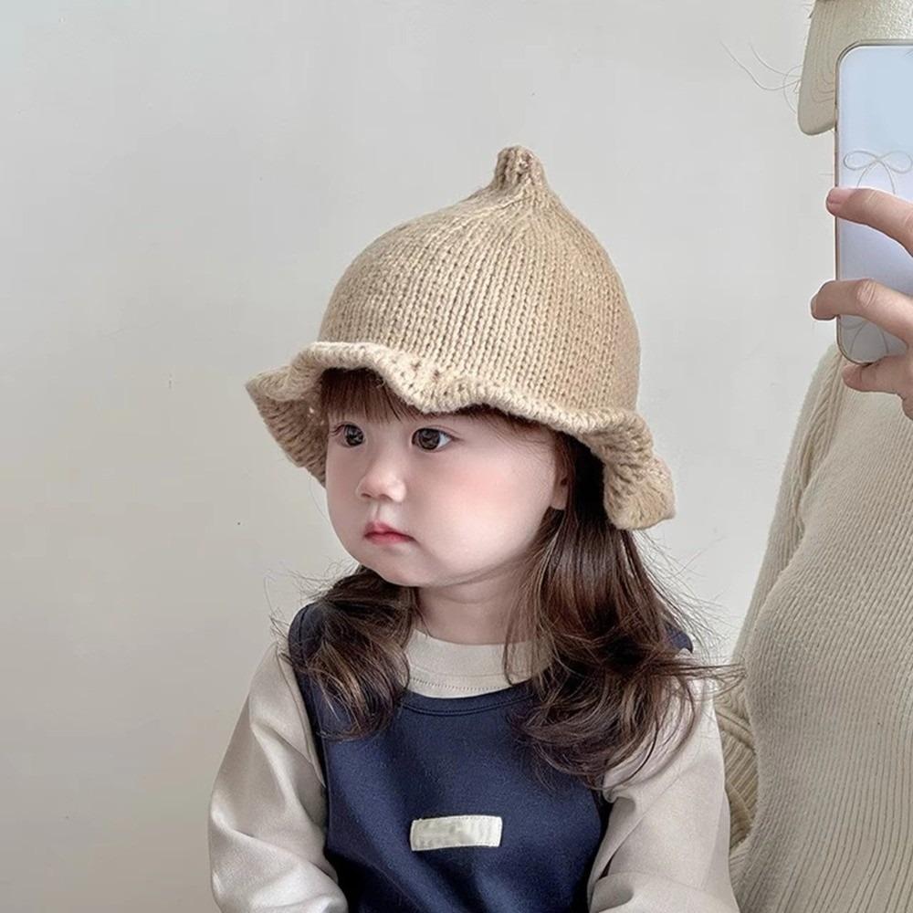 Pullover Style Knitted Bucket Hat Thick Warm Toddler Cone Hat Soft Wavy Brim Beanie Fall Season