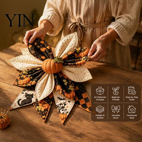 Autumn Seasonal Craft Gift Patchwork Bow Sewing Kit, Large Fabric DIY Sunflower Indoor Wall Hanging Decoration Pumpkin Quilted Kit for Adults,