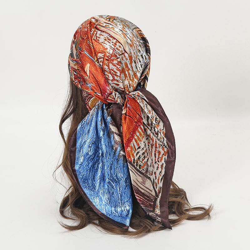 Satin Square Scarf Women Muslim Hijab Elegant Print Silk Neckerchief Shawl Wraps Headband Handle Hair Accessories Bandana