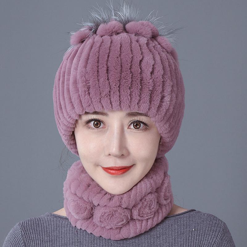 Шапка из меха кролика, женская зимняя мода, универсальная, теплая, зимняя защита для ушей, шарф из меха кролика Рекс, комплект из двух предметов, меховой костюм из меха