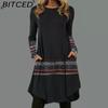 Women's Fashion Autumn Winter Long Sleeve O-Neck High Waist Casual Dresses
