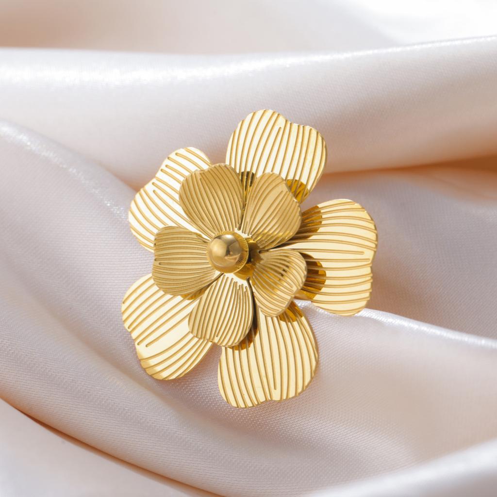 Cazador Big Flower Women's Ring Gold Color Open Rings Stainless Steel Adjustable Jewelry Waterproof Party Wedding Gifts Trendy