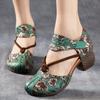 2023 New Women Sandals Summer Genuine Leather Print Thick Heels Sandals Retro Style Round Toe Casual High Heel Shoes