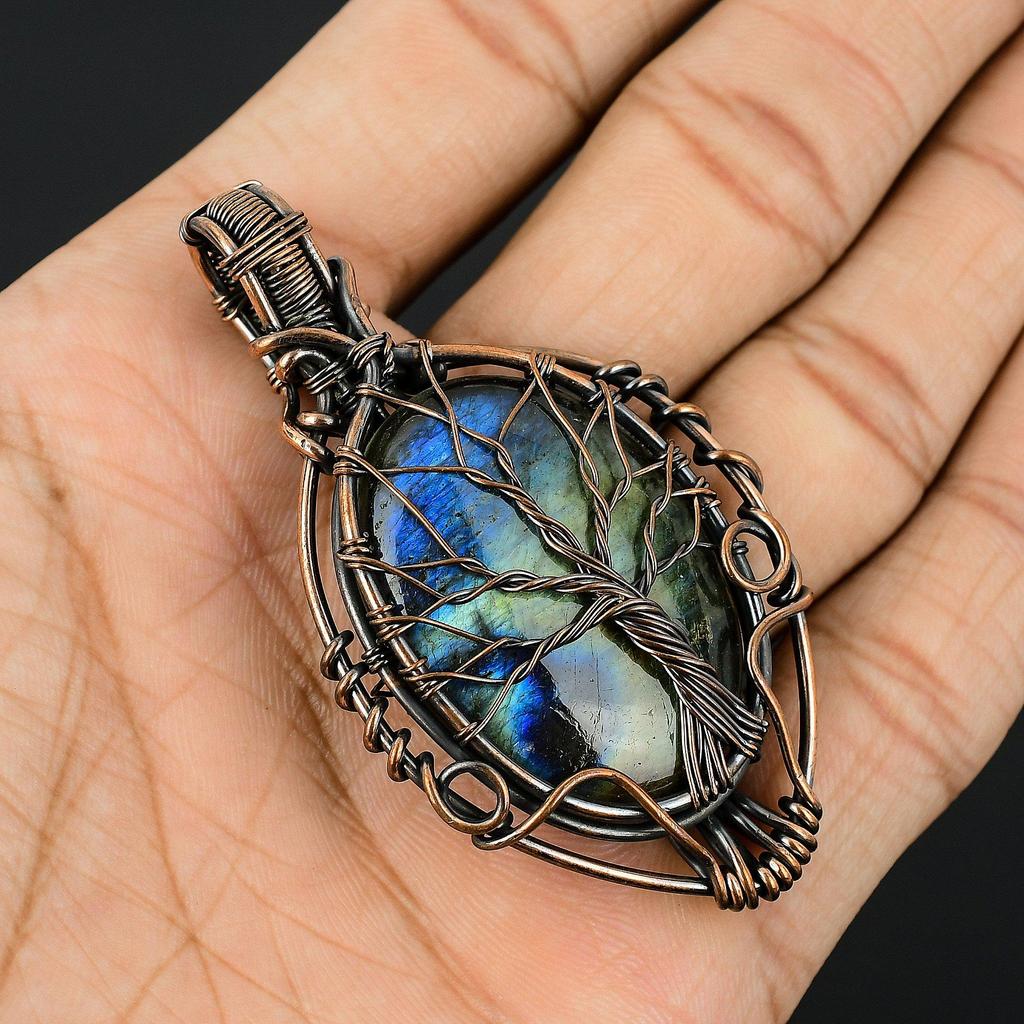 Tree Of Life Labradorite Pendant, Handmade Gemstone 999 Copper Wire Wrapped Pendant Antique Jewelry, For Gift Silver Jewelry