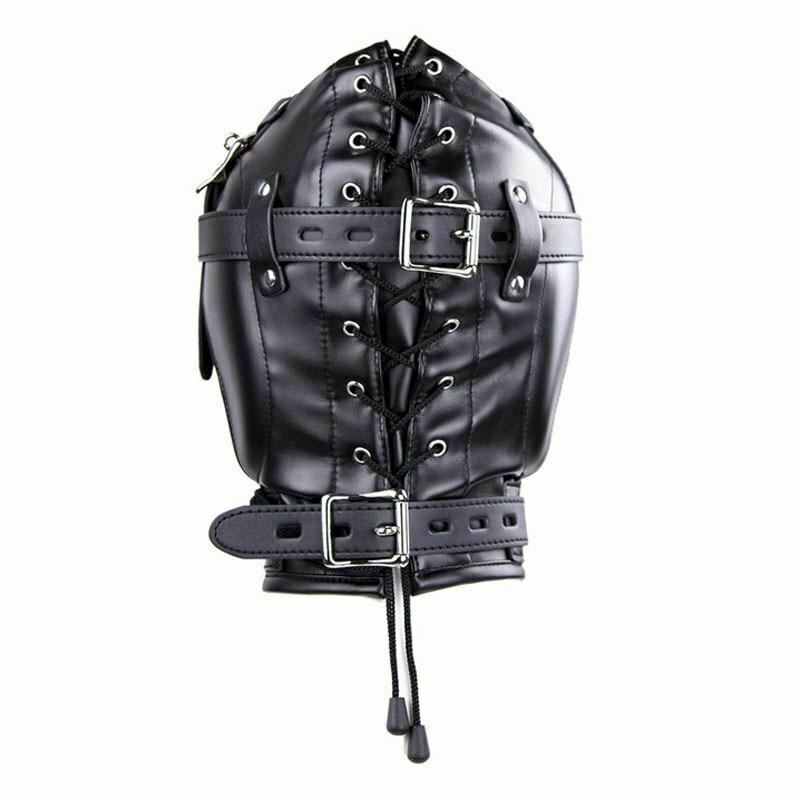 Black Full Hood Mask Plug Headwear Kink Fetish Restraints Hoods