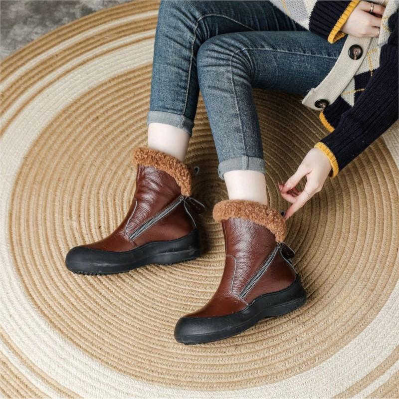 Women Winter Fashion Warm Plush Genuine Leather Women's Boots With Anti Slip Soft Sole Comfortable Side Zipper Short Boots
