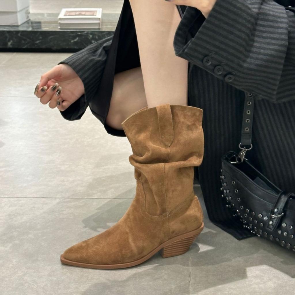 Autumn and winter new fashion retro short boots thick heel sleeve short boots pleated Martin boots