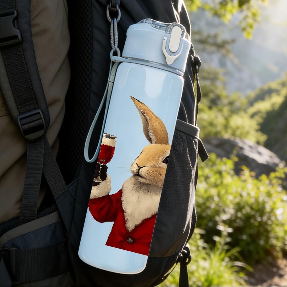 1PC Rabbit Drinking Wine Funny Print 750ml Color Plastic Sports Water Bottle Leakproof Flip Straw Lid Suitable for Sports Office Home Use