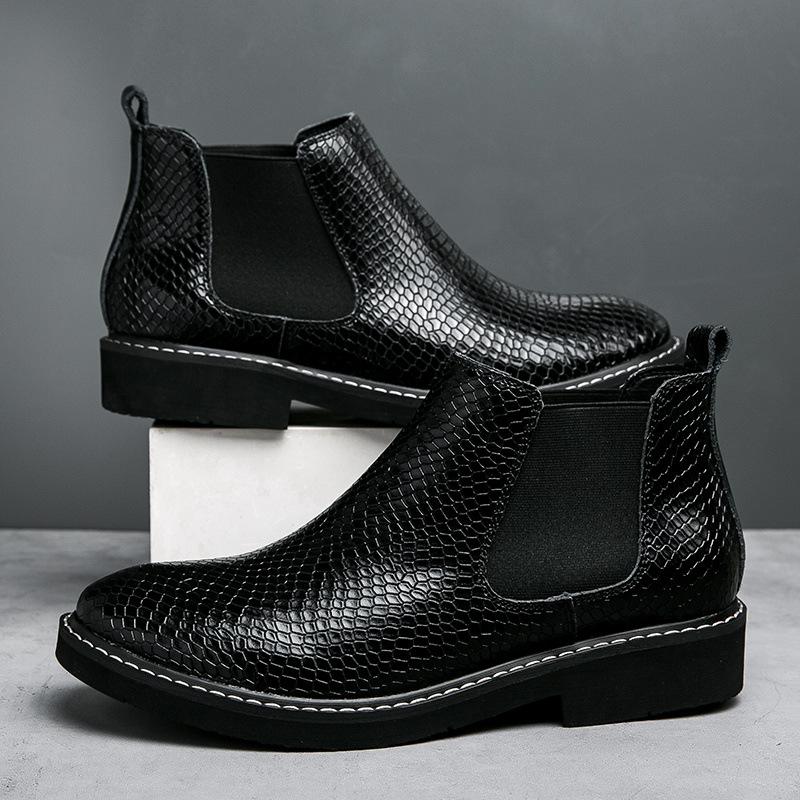 Men Snakeskin Pattern Boots Elevator Shoes Height Boots Man Increase Insole 5CM Slip-On Leather Ankle Boot Chelsea Boots