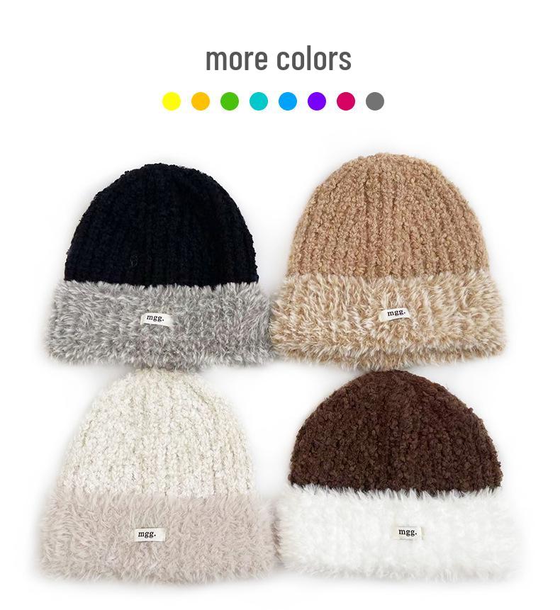 Cat Brother Korean Style Knit Hat: Color Block Plush, Warm Wool, Women's Large Head Circumference