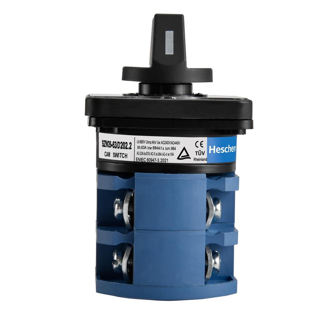 Heschen Universal Rotary Cam Selector Changeover 660V CE Switch, SZW26-63/D202.2, 63A, ON-OFF-ON, 3-Position, 2-Phase, 8-Terminal,