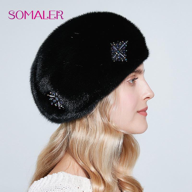 SOMALER Норковые береты для женщин, зимние русские шапки из цельного норкового меха, женские модные шапки со стразами