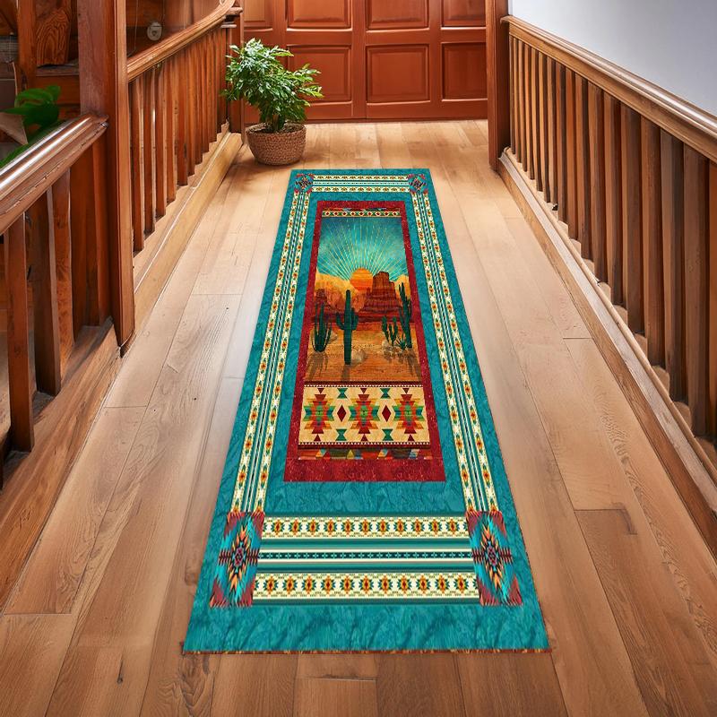 Vintage Desert Sunset Cactus Long Runner Rug Exquisite Geometric Border Soft Washable Non-slip Mat for Hallway Corridor