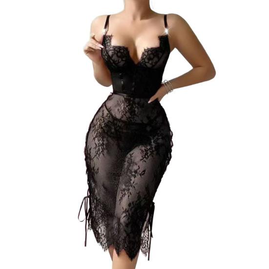 Сексуальное кружевное платье-бэбидолл для женщин, прозрачная сетчатая сорочка, одежда для сна с боковым разрезом, V-образным вырезом, ночная сорочка для медового месяца, годовщин