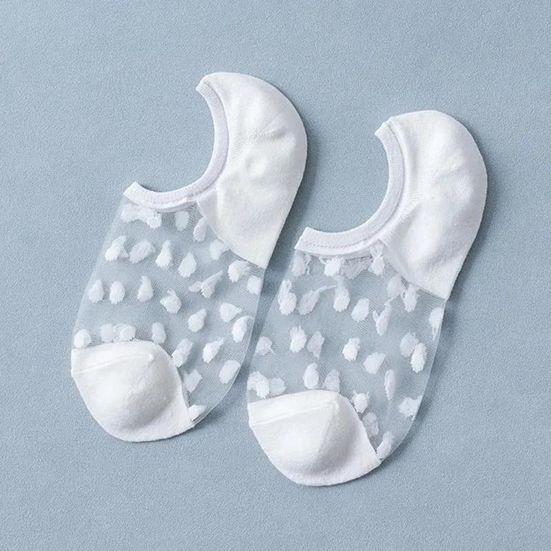 Летние женские шелковые носки до щиколотки с кружевом, ультратонкие, прозрачные из стекловолокна, модные носки в горошек, милый стиль Харадзюку, новые