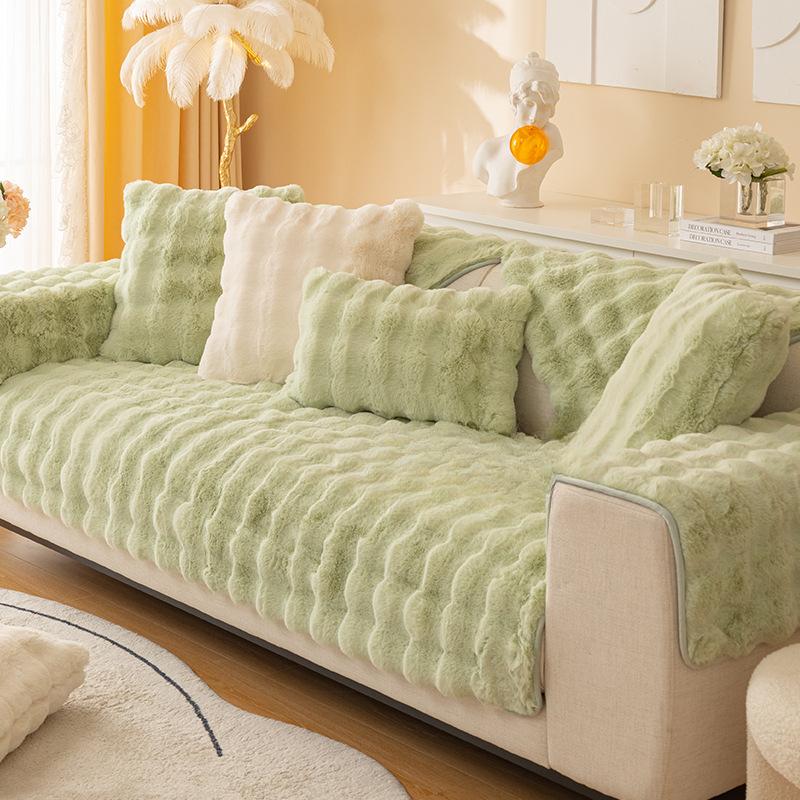 Rabbit Plush Sofa Cushion Winter Non-Slip Light Luxury Cushion Leather Sofa Cover Plus Velvet Cover Towel