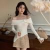 Autumn French Style Wooden Ear Edge Three-dimensional Flower One-line Shoulder Knitted Top Slim Sweater Base Blouse Woman