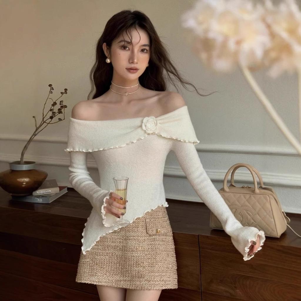 Autumn French Style Wooden Ear Edge Three-dimensional Flower One-line Shoulder Knitted Top Slim Sweater Base Blouse Woman
