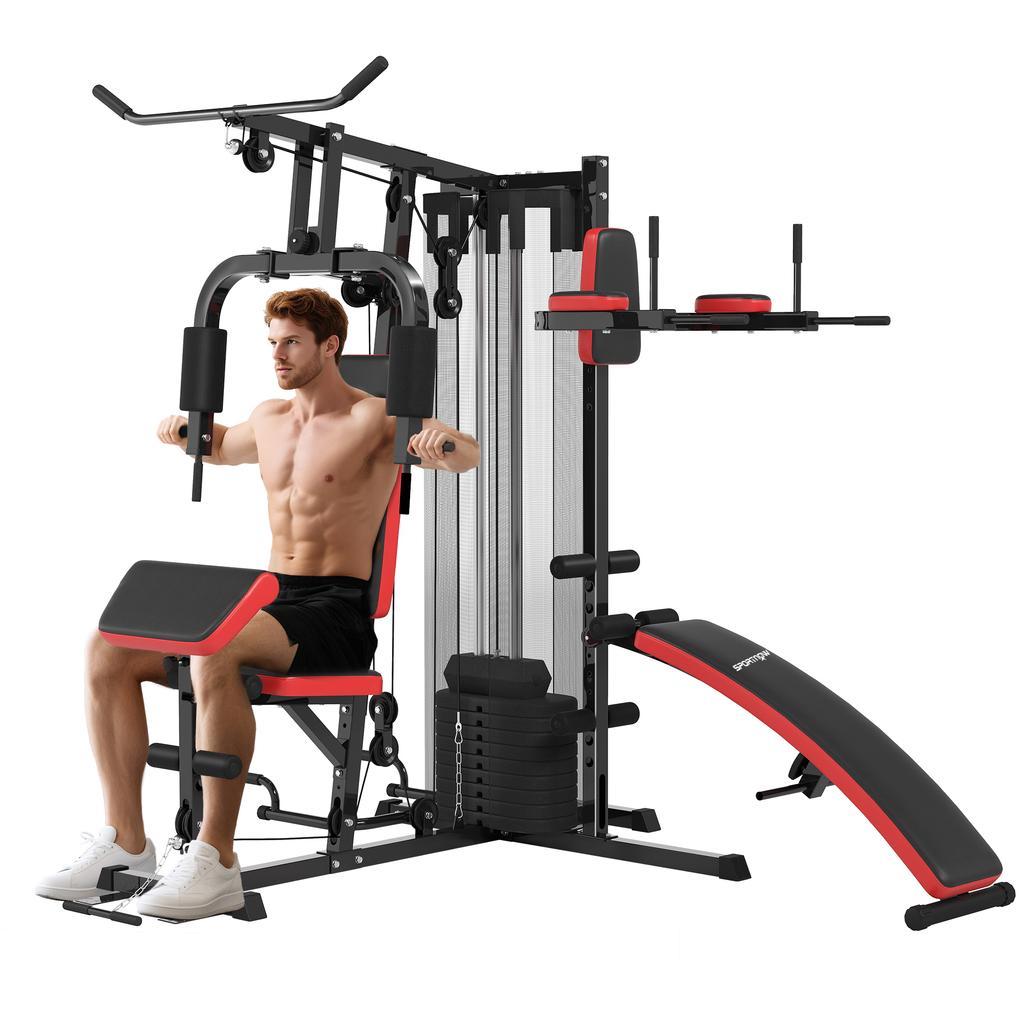 Multi-Gym Station, 65 kg Weights, Abdominal Bench, Black and Red