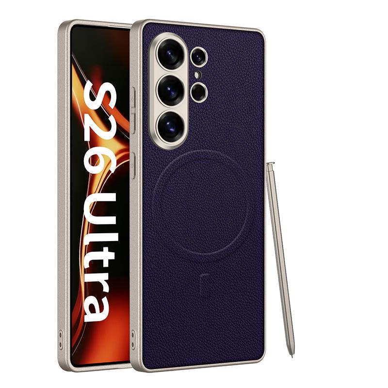 Кожаный чехол для телефона Samsung S26 Ultra: Премиальный дизайн с металлическим покрытием, совместимый с MagSafe