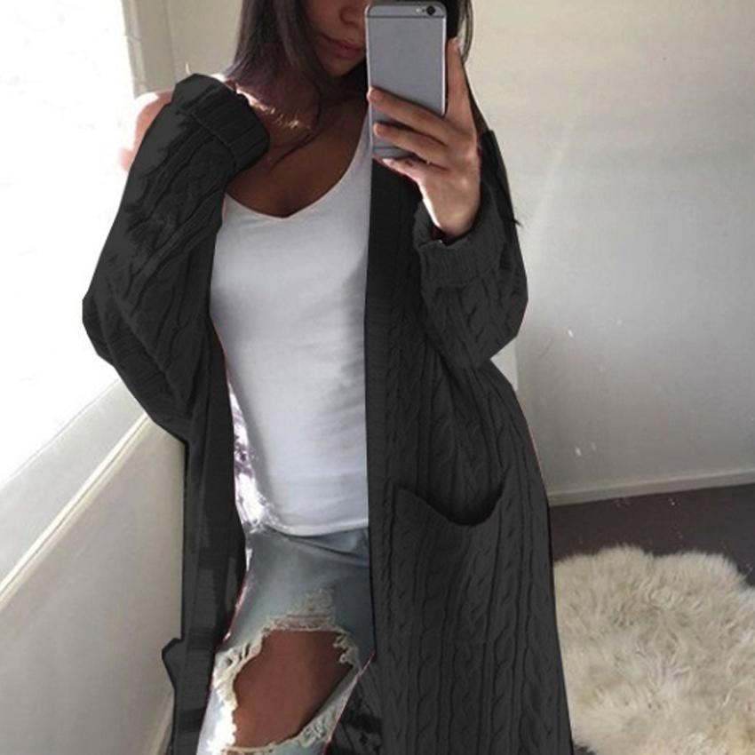 Женская мода повседневная карман вязаный свитер с длинным рукавом кардиган пальто