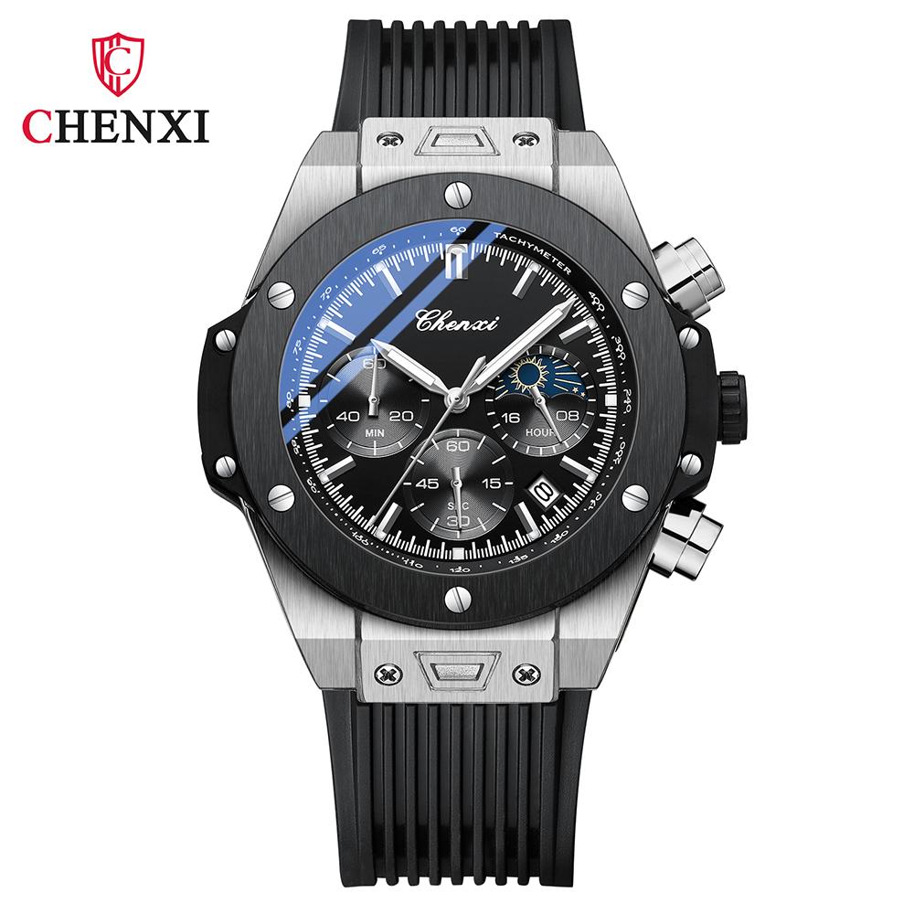 CHENXI Moon Phase Silicone Band Man Watch Fashion Chronograph Quartz Men's Wristwatches Waterproof Calendar Men Watches