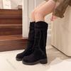 Fashion 2025 Autumn New Tassel Knight Boots Women Black Brown Thick Heeled Solid Mid-calf Boots Stacked Suede Slip On Botas Feminino
