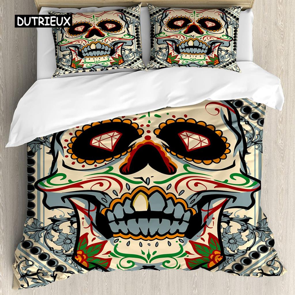 Sugar Skull Duvet Cover Set,Sugar Killer Calaveras Framework Day of The Dead Vintage Gothic Design Print,Skull Bedding Set