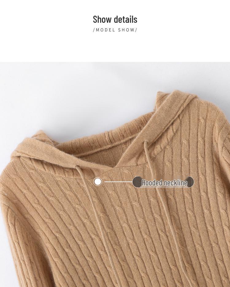 2024 Autumn/Winter Women's Cable Knit Cashmere Hoodie: Loose-Fit Fashion Pullover