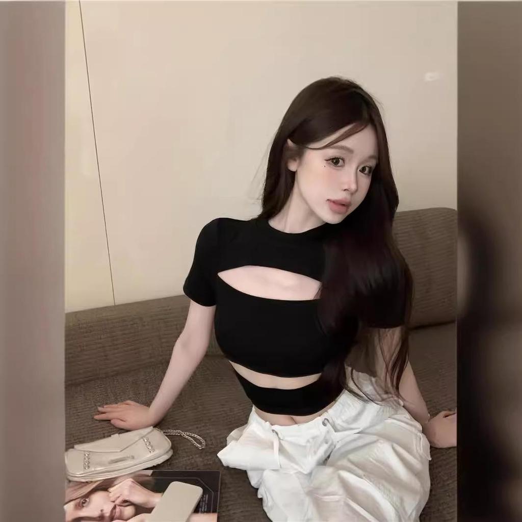 Women's Black Slim-Fit Short-Sleeved Hollow Sexy T-Shirt