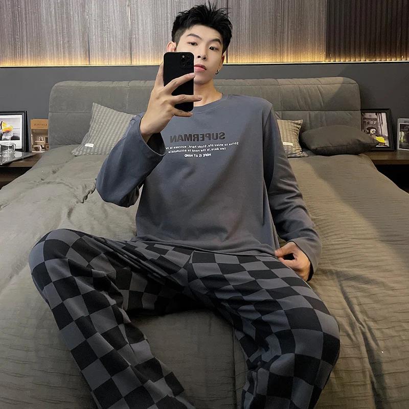 Осенний комплект из двух частей с длинными рукавами из хлопка, весенние длинные штаны, пижама для молодежи, мужская домашняя одежда, полосатая ночная рубашка для мальчика