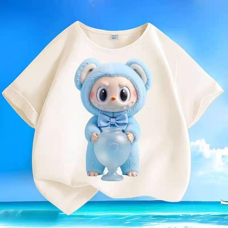 Детские футболки с мультяшным принтом двенадцати созвездий LABUBU, бежевый топ с коротким рукавом для мальчиков и девочек, трендовая одежда, подарок