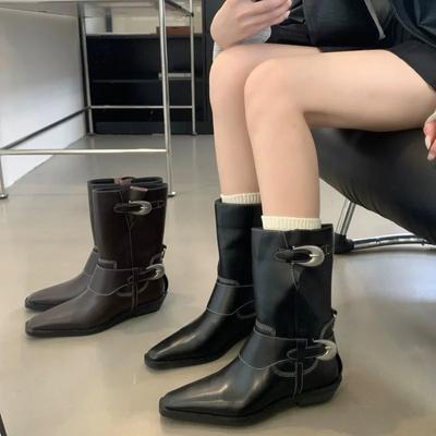 Мода Высокое Качество Совершенно Новый Панк Пряжка Ремень Черные Ковбойские Сапоги Квадратный Каблук Острый Носок Винтаж Коричневый Мотоциклетные Сапоги Женская Обувь