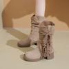 Fashion Retro Tassel Suede Long Western Cowboy Boots Women 2025 Winter Thick Heel Knee High Boots Sexy Khaki Medium Heel Shoes Plus Size