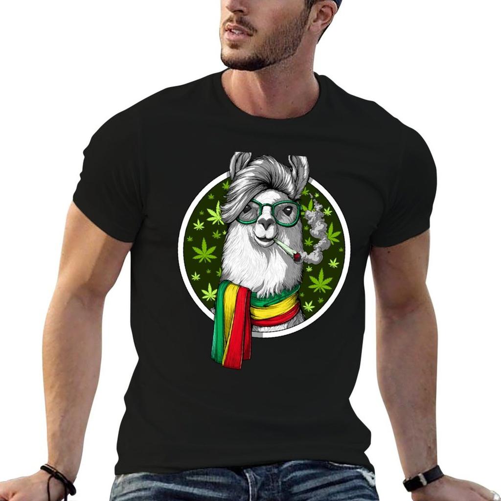 Llama Stoner Smoking Weed T-Shirt Outdoor Work Short Sleeve Top